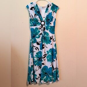 Evan-Picone Floral Ring Front Midi Dress Size 6 – Blue Teal White Black